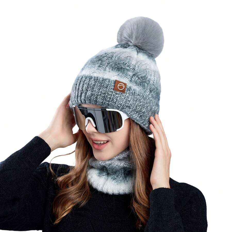 Women Winter Beanie Hat Circle Scarf Set Pompoms Peruvian Ski Snow Ear Flaps Sherpa Knit Hats Fleece Lined