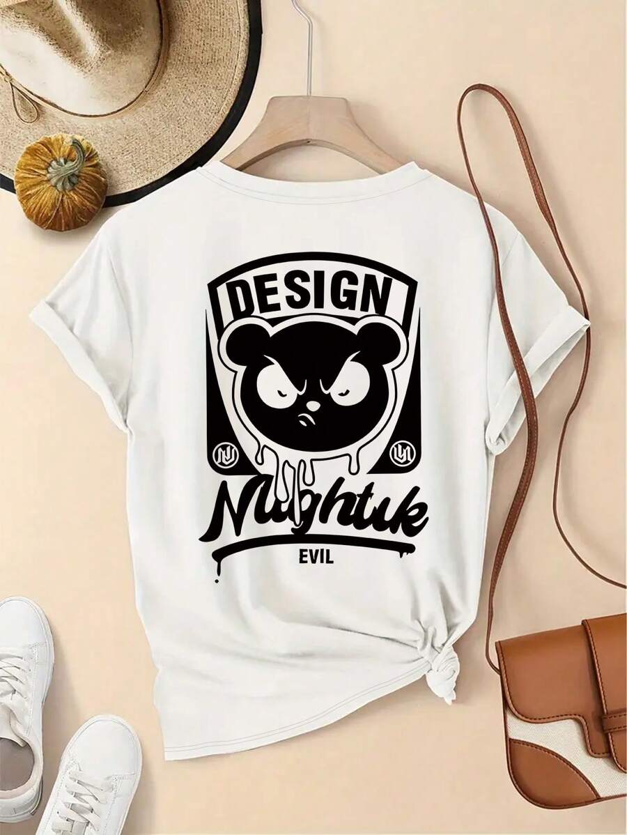 Summer Casual Women's Round Neck T-Shirt, Bear T-Shirt, Slim Fit Short Sleeved T-Shirt
