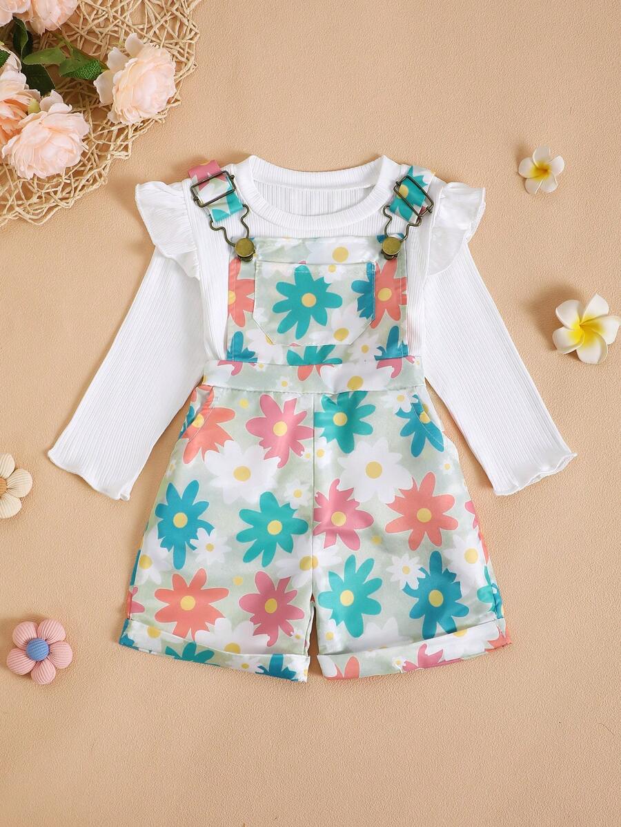 Baby Girl White Top + Colorful Floral Print Overalls Shorts Set, Cute Casual Outdoor Sports Outfit
