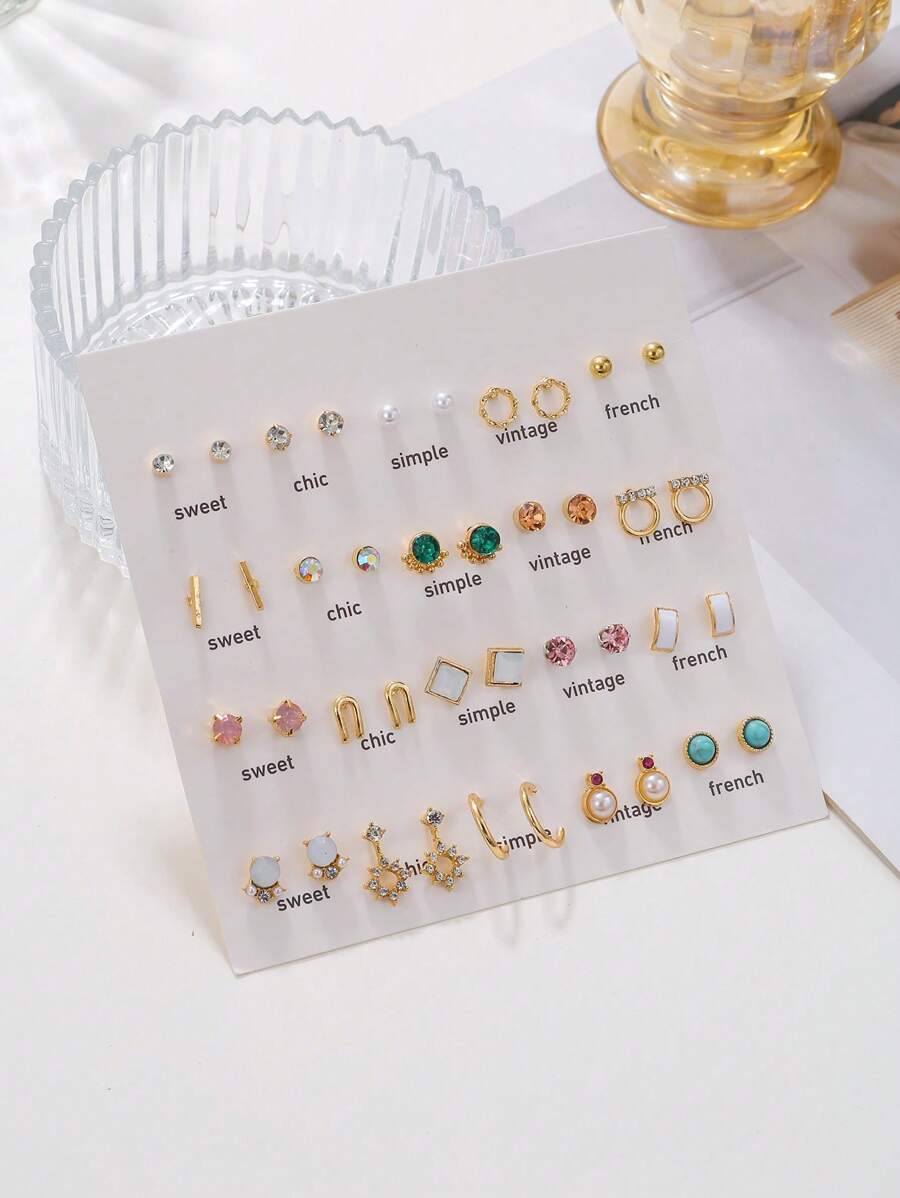 40pcs Pearl & Rhinestone Geometric Earring Set, Suitable For Women's Daily Wear