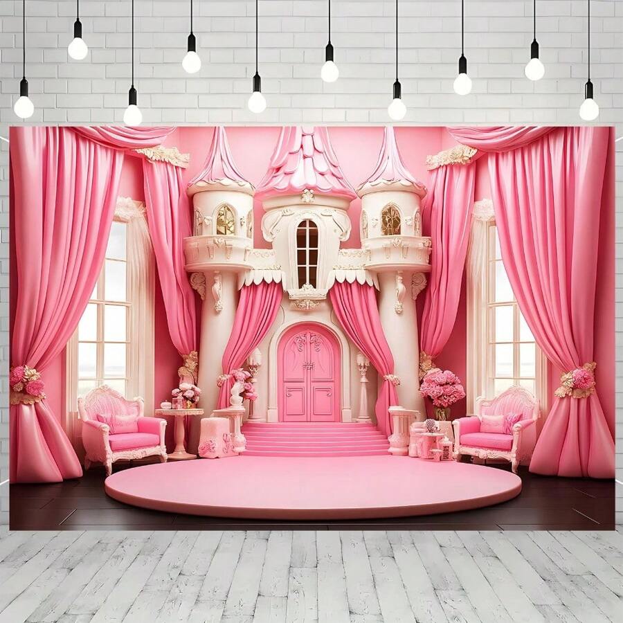 1 Pc Pink Princess Castle Polyester Backdrop Banner - Multipurpose, Powered-Free, Suitable For Wedding, Birthday, Anniversary, Room & Garden Decor, Indoor/Outdoor Use, Photography Wall Decor, Live Streaming Background, Yard Decor, Easy To Set Up