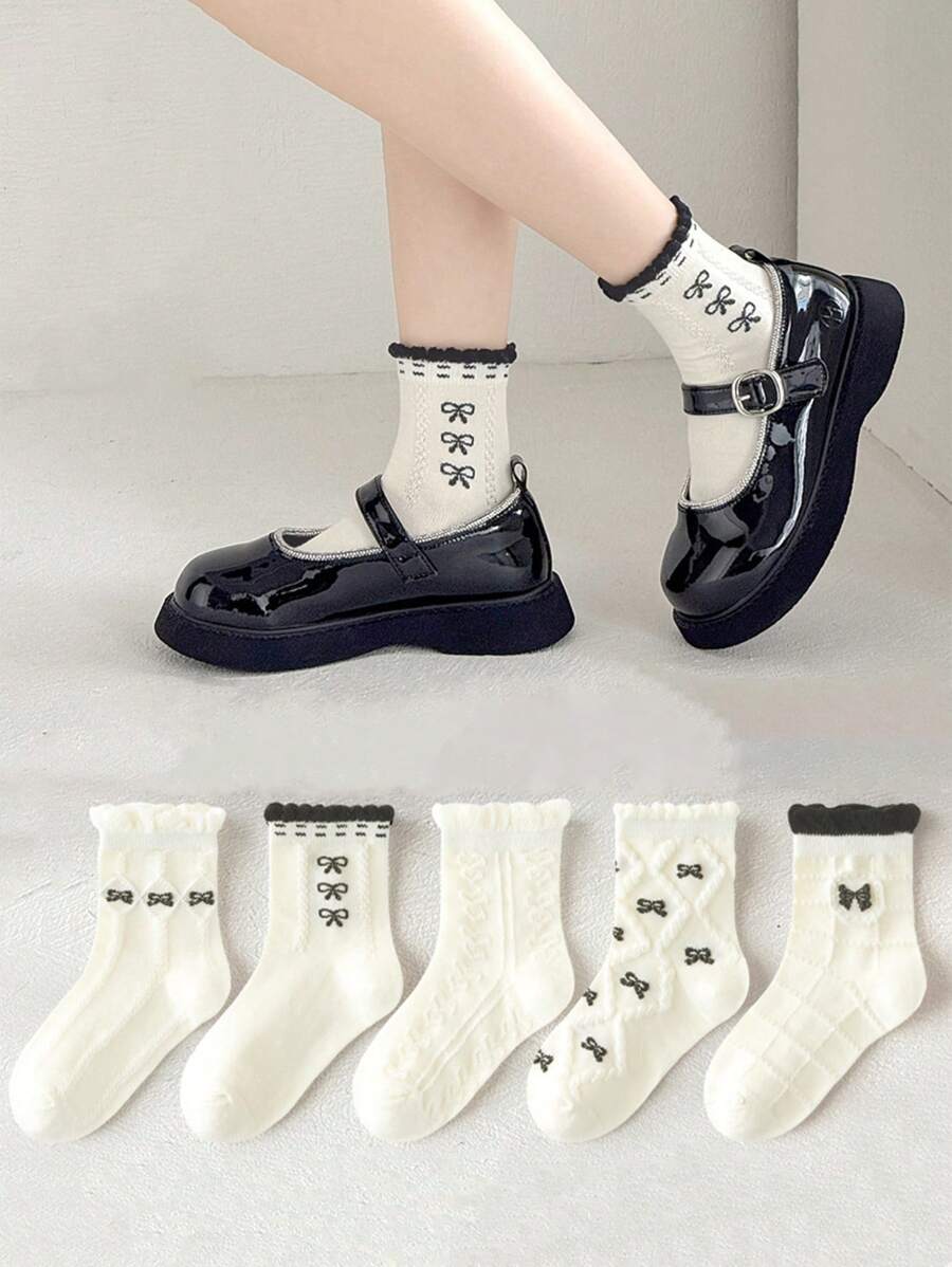 5 Pairs Of Children's Socks, Bow Diamond Checker Square Checker Pattern Girls Four Seasons Style Cute Casual Elegant Style Of Daily Travel To School Can Wear Children's Mid-Tube Socks.