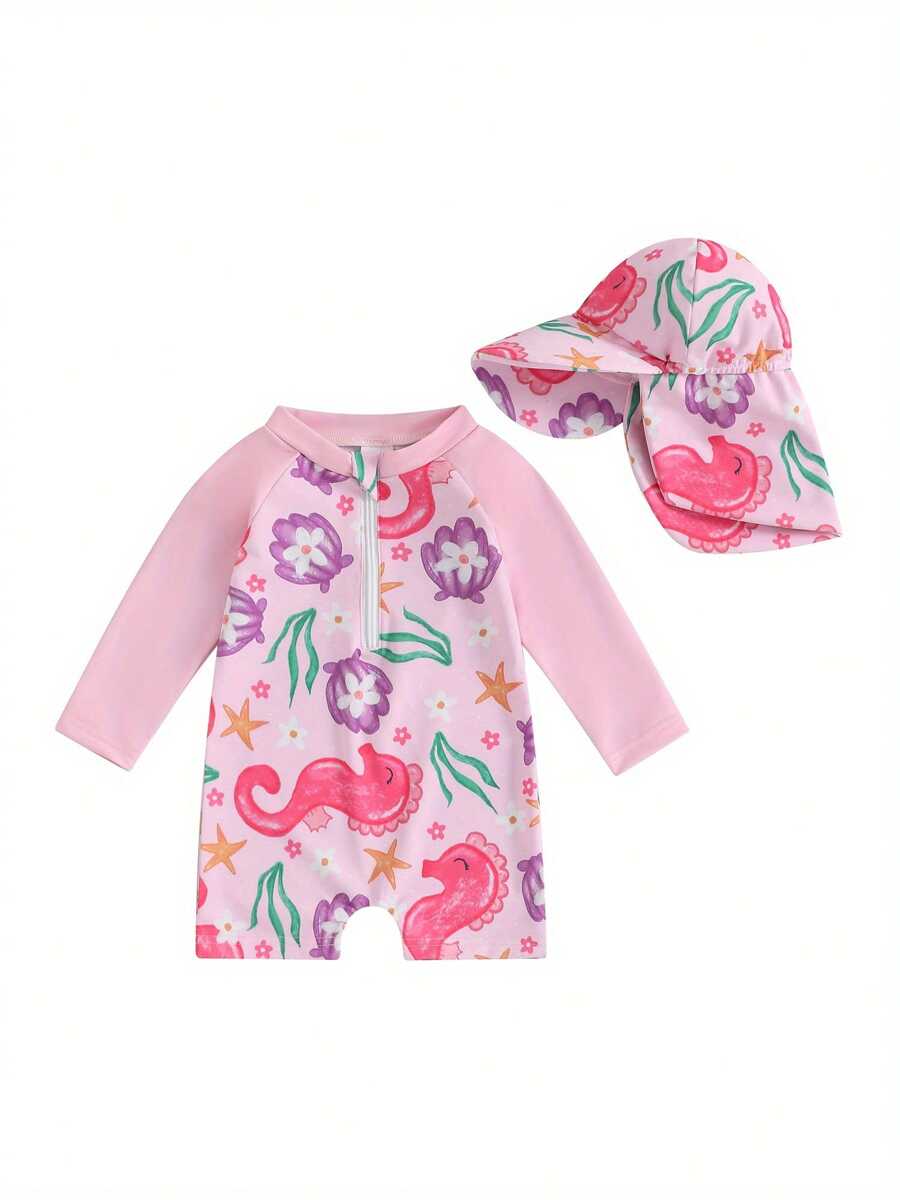 Toddler Girl Rash Guard Swimsuit Floral Print Long Sleeve Mock Neck Zipper Bathing Suit With Hat Set
