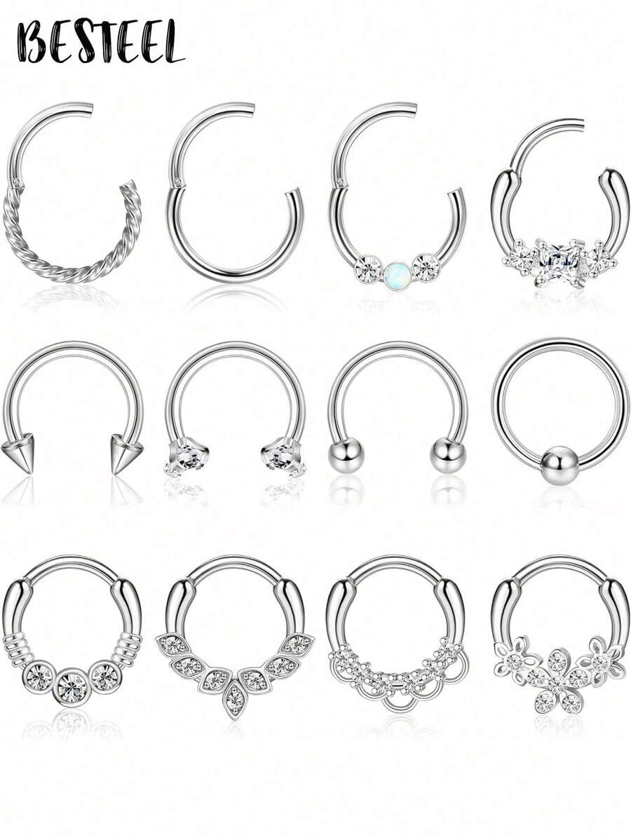 BESTEEL 1PC 16G Septum Clicker Inel din oțel inoxidabil 316L Septum Inel CZ Opal Cartilage Helix Tragus Hoop Cercei Daith Segment cu balamale Clicker Inel Zirconiu Inele pentru nas Cerc 10MM Bijuterii piercing nas