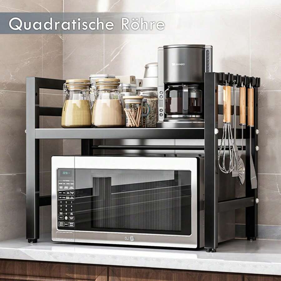 Étagère de cuisine, support extensible pour micro-ondes avec 6 crochets, étagère extensible pour micro-ondes 40-64 cm, étagère à épices, support pour micro-ondes, organisateur avec 6 crochets, pour cuisine, jusqu'à 30 kg