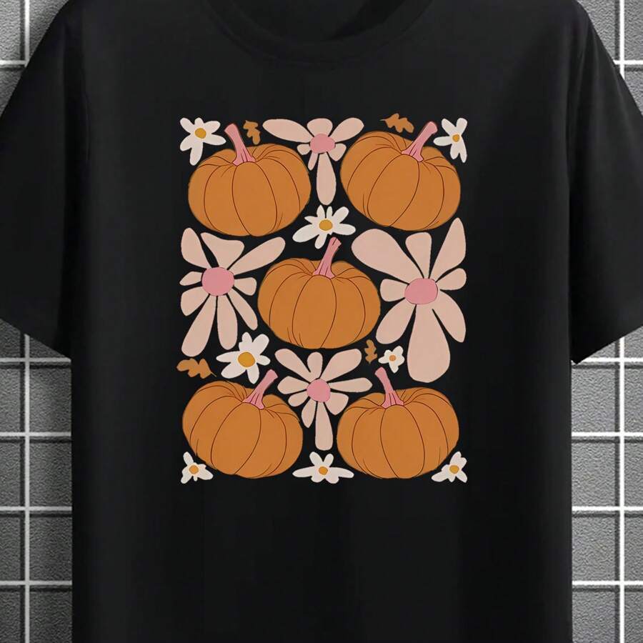 1pc Men'S Casual Crew Neck T-Shirt With Geometric Pumpkin And Floral Print, Knit Fabric, Slight Stretch, Regular , Summer Fashion Top For Leisure And Camping