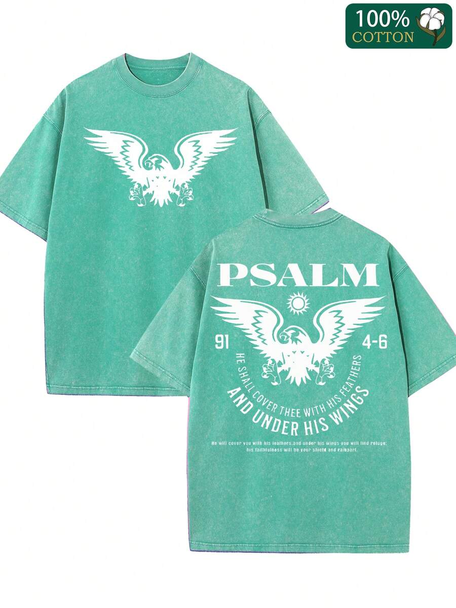 230g Pure Cotton Washed Short Sleeved Double-Sided Printed T-Shirt, 100% Pure Cotton, Printed With "Psalm 91:4-6 Washed". Retro Hip-Hop Style, Street Y2K Printed Short Sleeved Top, Sports T-Shirt. Suitable Gift Choices For Spring Valentine's Day, Summer St. Patrick's Day, Party Gifts, And Must-Have Gifts For The Start Of School Season. Neutral Casual Round Neck T-Shirt.