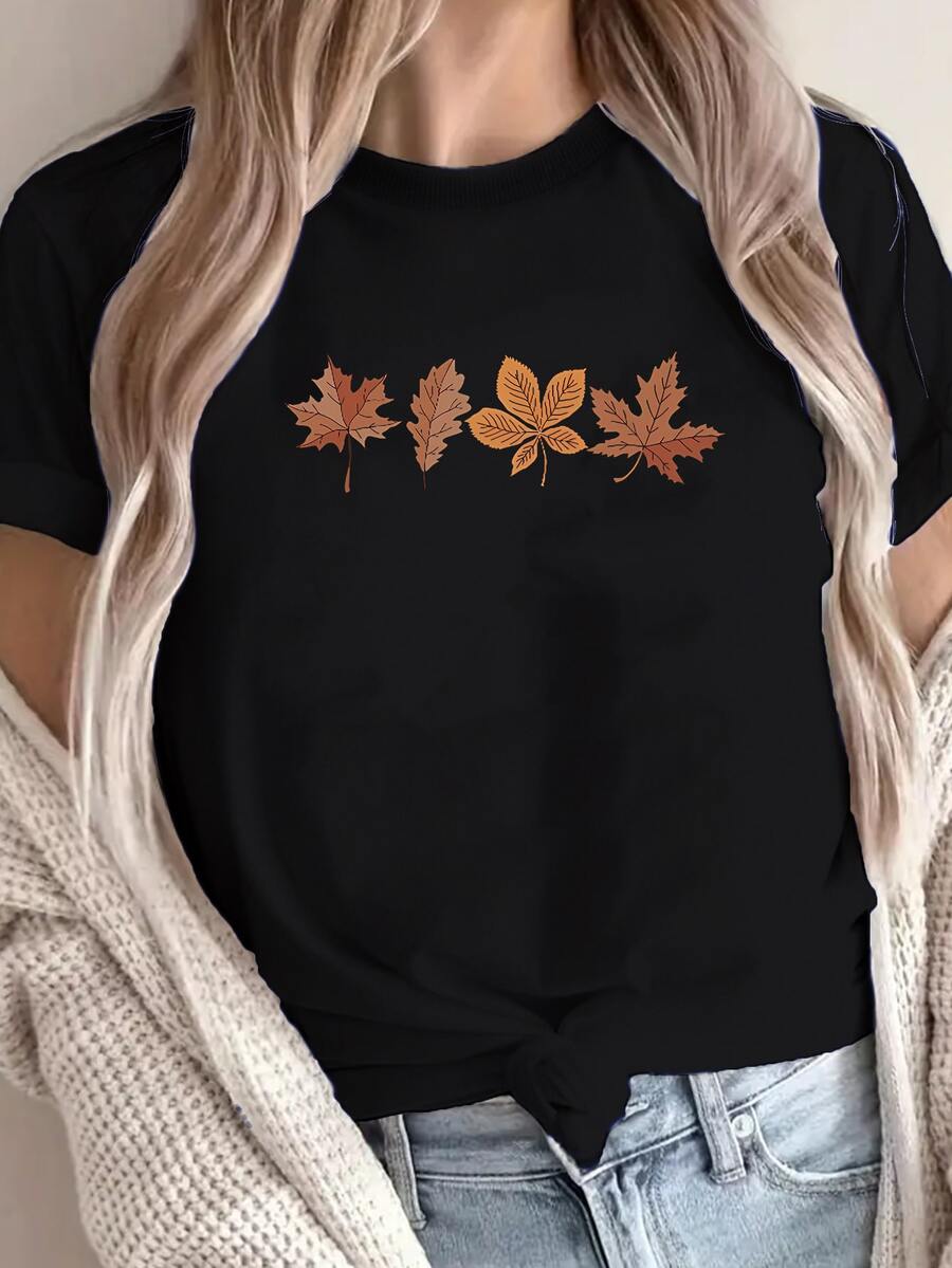 Women's Cool Autumn Leaves Pattern Valentines Day T-Shirt, 220gsm Round Neck Casual Heavy Pure Cotton T-Shirt (1 PC)