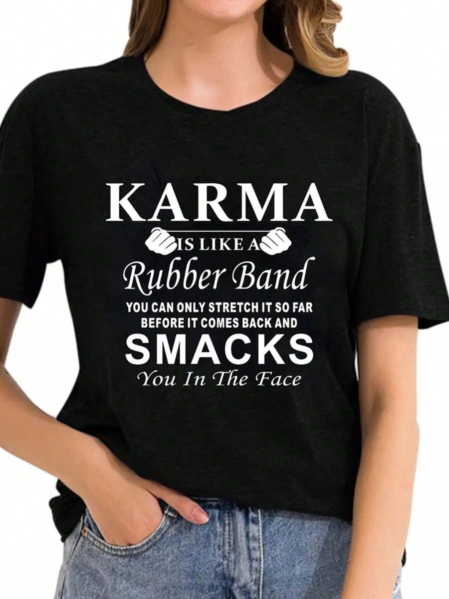 For KARMA Smacks Graphic Tee - Women's Casual Round Neck Short Sleeve T-Shirt, Black With White Geometric Heart Design, Machine Washable, Summer Top 100% Cotton