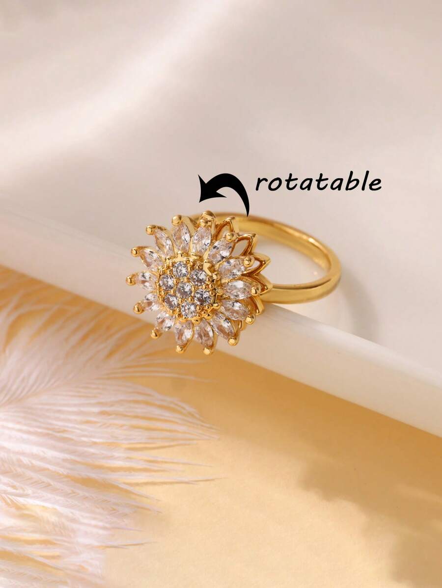 1 pièce Bague à cristaux de luxe en forme de flocon de neige pour femmes. Bague rotative, anti-stress, réglable, cadeau de mode bijoux anti-anxiété
