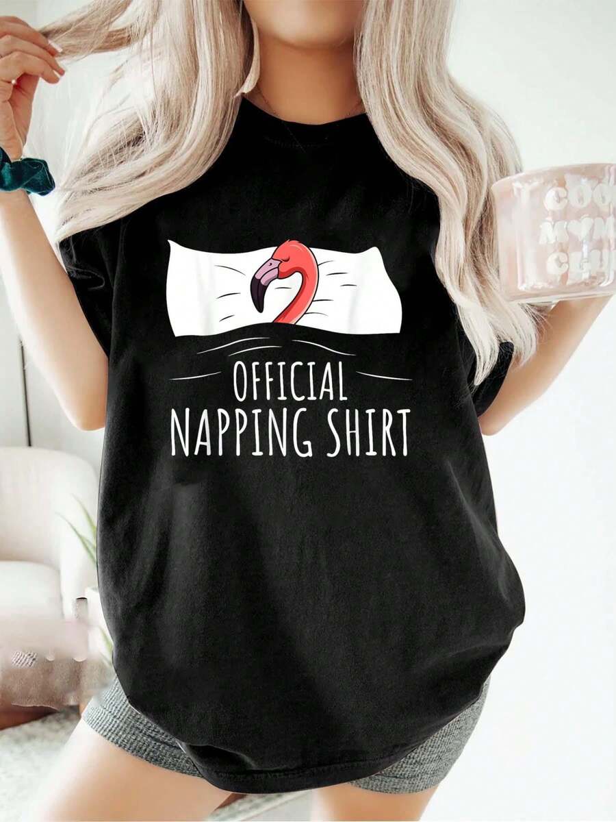 Sleeping Flamingo Lover Official Napping T-Shirt Women Graphic T-Shirt Cotton Print Tshirt, Short Sleeve Casual Top, Summer Tee Womens Tops