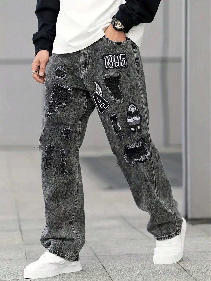 Pantalones vaqueros de mezclilla con patrón de bordado desgastado para hombres
