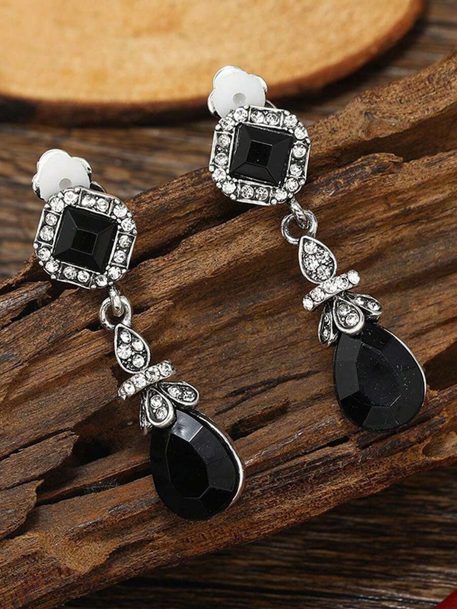 1 Pair Vintage Bohemian Waterdrop Pendant Clip On Earrings For Women, Versatile Fashion Bridal Jewelry Accessory Gift For Daily Wear, Spring