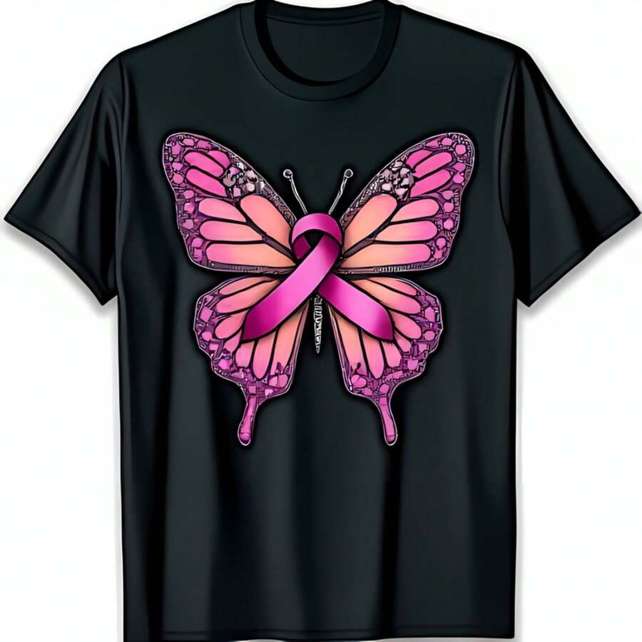 T-Shirt With Pink Butterfly And Ribbon Design