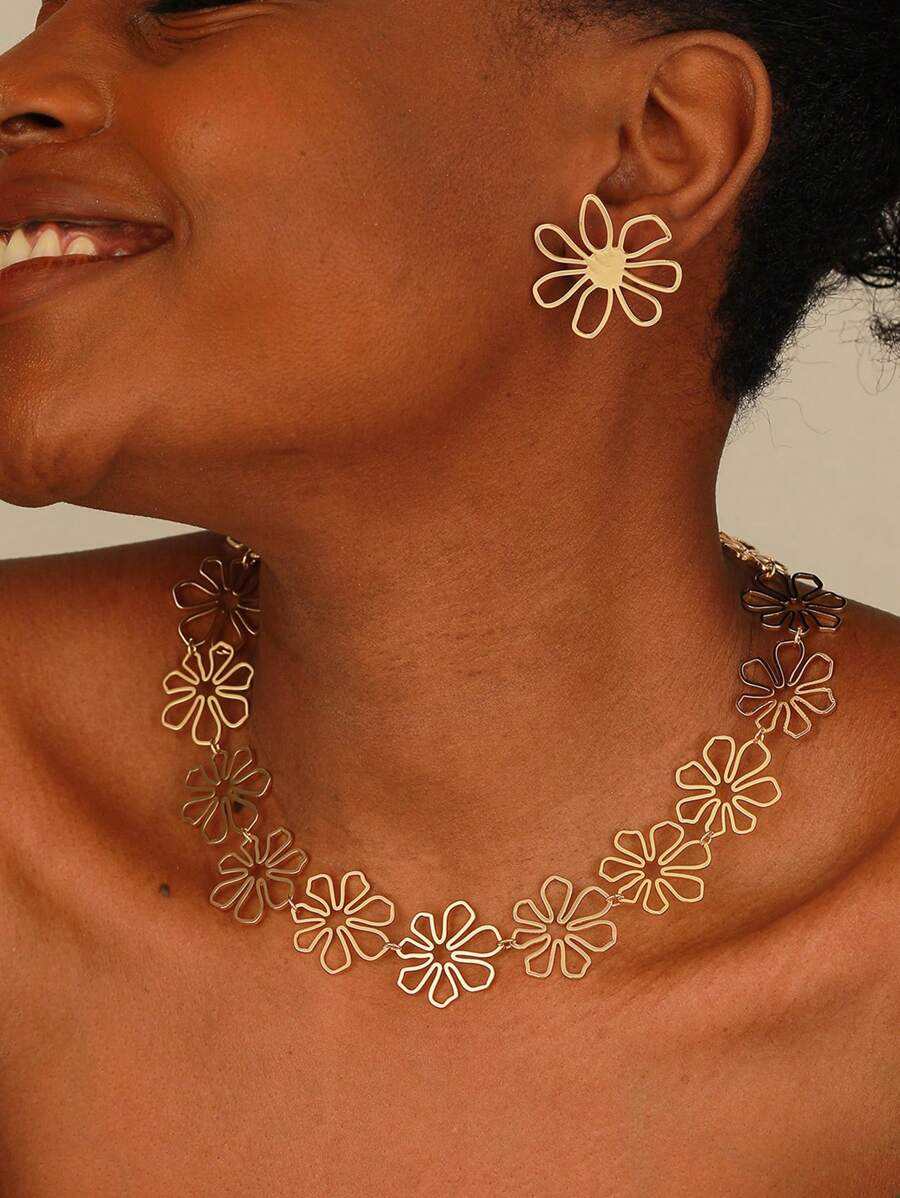 3 pièces Ensemble de bijoux Boucles d'oreilles à clous fleur en fil de métal doré, Collier ras-du-cou floral épais pour femmes