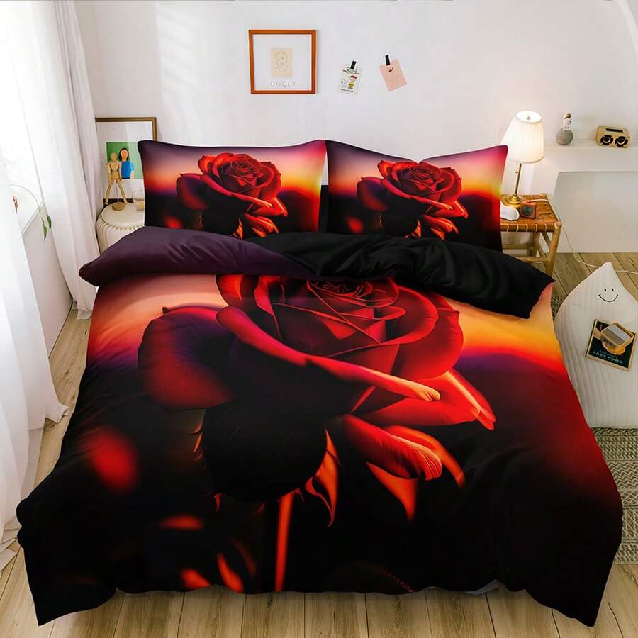 2/3 pièces Ensemble de housse de couette imprimé de roses rouges 3D au coucher de soleil, ensemble de literie fleurs pour la décoration de chambre des garçons et des filles (Taille 135x200 avec 1 taie d'oreiller uniquement)