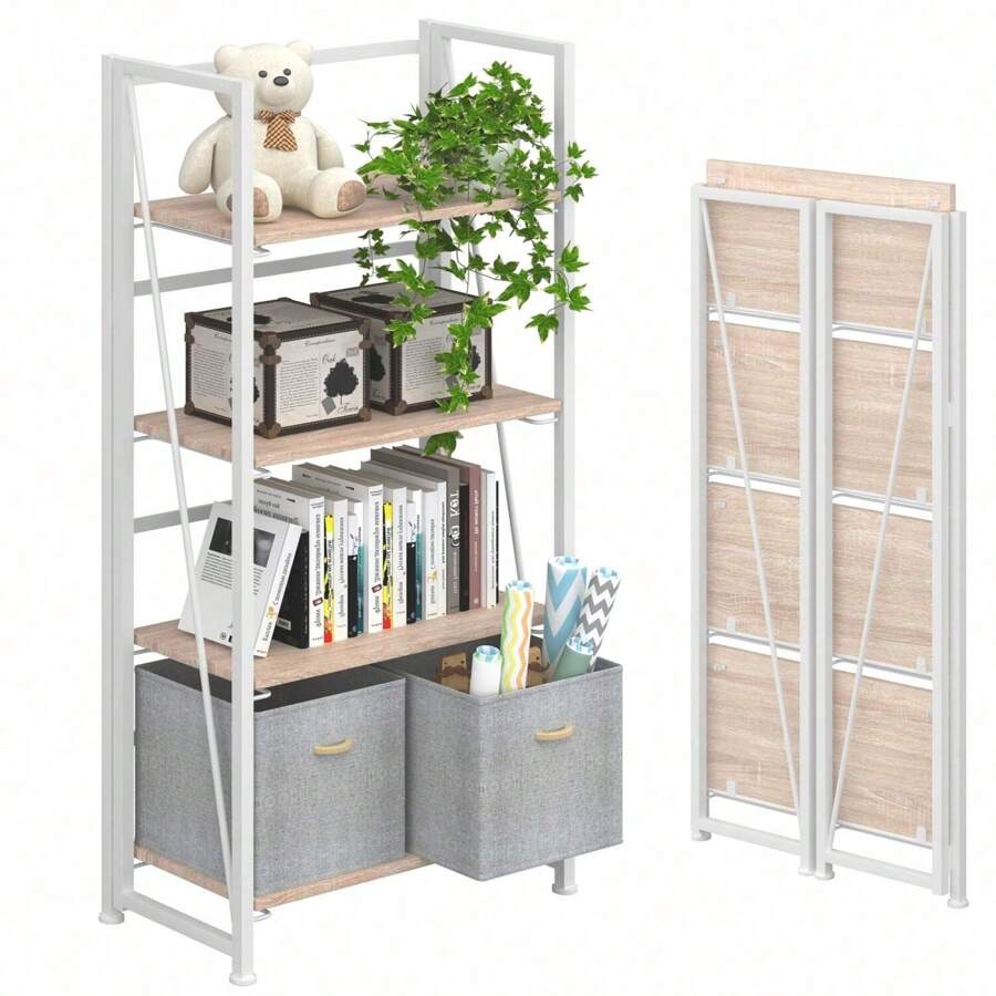 No-Assembly Folding Bookshelf Storage Shelves 4 Tiers Vintage Bookcase Standing Racks Study Organizer Home Office (Natural And White)
