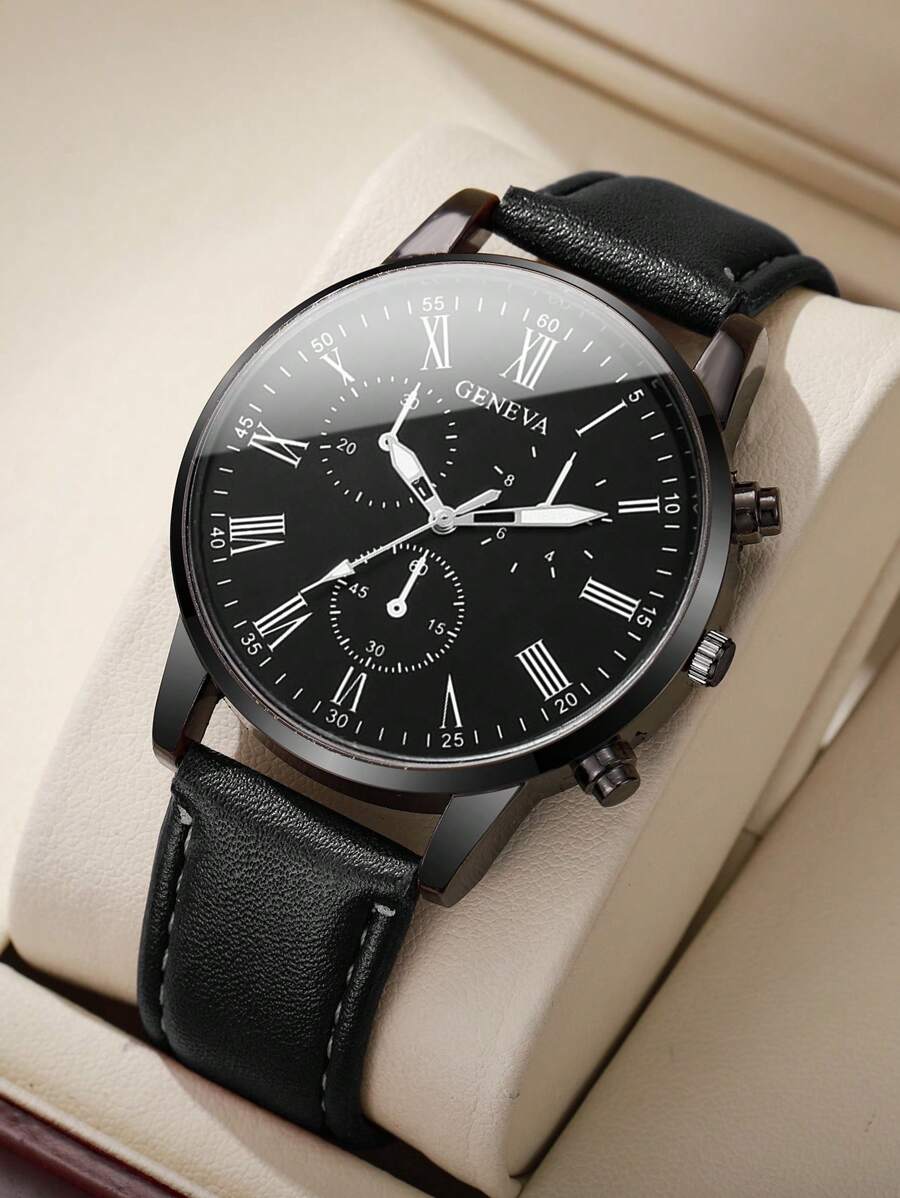 1 Stück Herrenleder Gürtel Lässig Sport Römische Skala Klassische Quarz Armbanduhr, ohne Uhrenetui