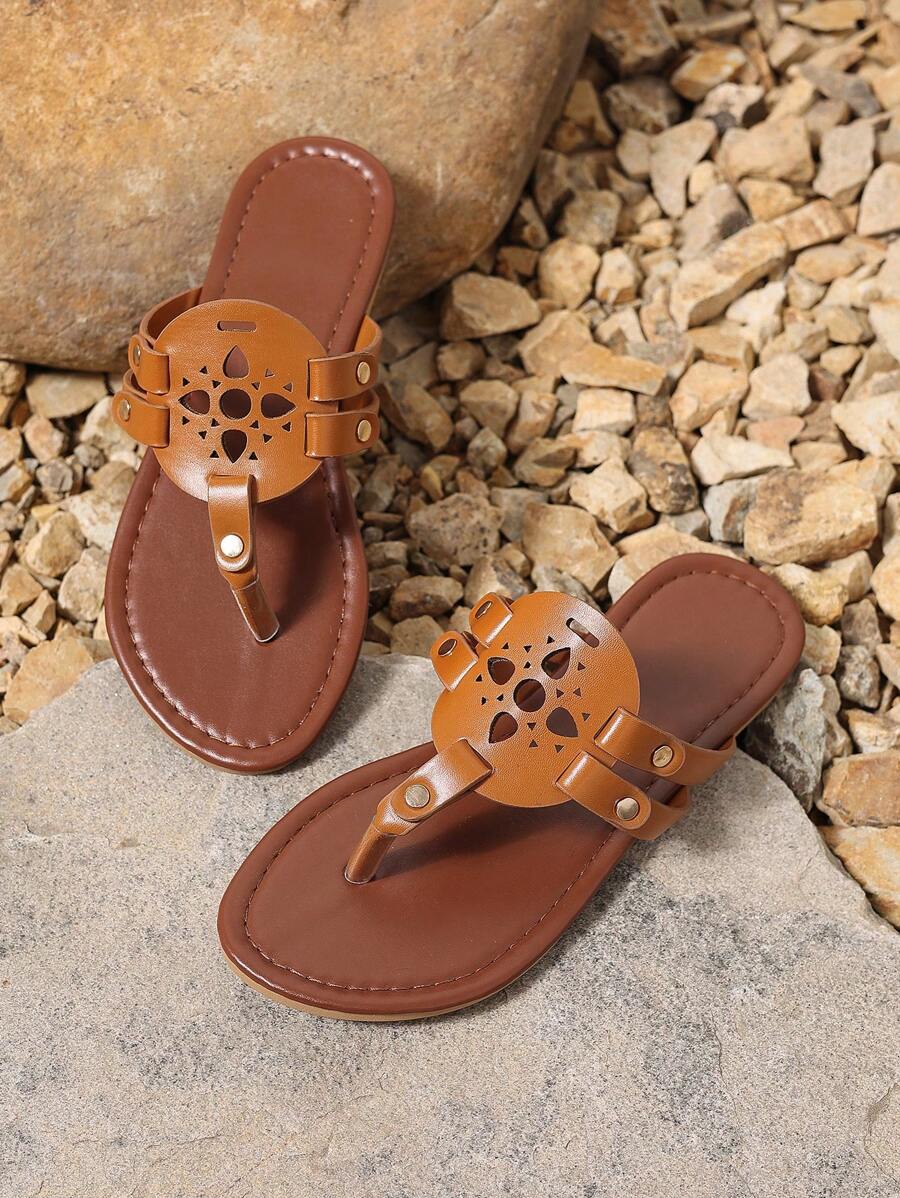Women's Hollow Out Flat Sandals For Summer - Metal Buckle Decor, Round Toe Design, Single Strap, Casual Fashionable, Everyday Wear, Brown, Faux Leather