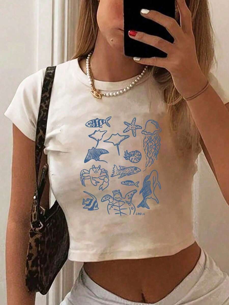 Graphic Printed Cropped T-Shirt, Y2K Spring And Summer Short-Sleeved Crop Top, Women's