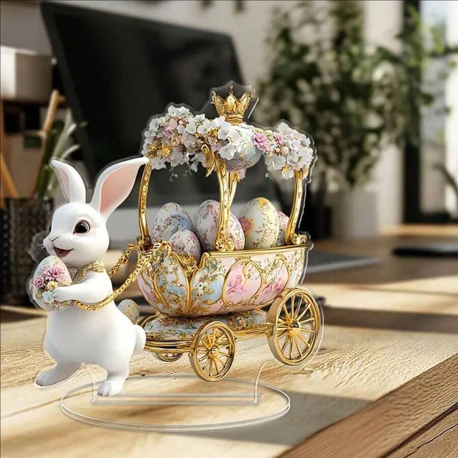 1 pezzo Decorazione in acrilico 2D di coniglio di Pasqua e uova su base, decorazione per casa, caffè, ufficio, tema Pasqua, ideale come regalo per vacanza o compleanno