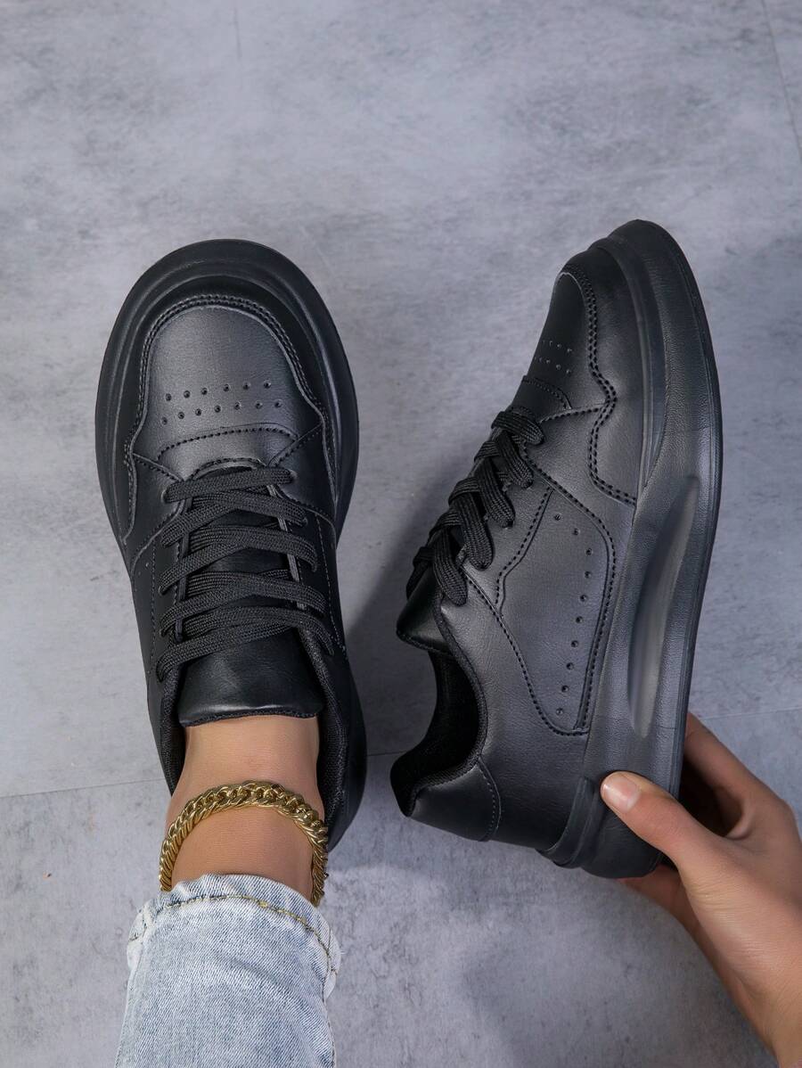 Sneakers casual nere con lacci da donna, con punta rotonda, traspiranti, basso, con lacci e senza lacci, versatili, leggere, stile campus, scarpe sportive alla moda