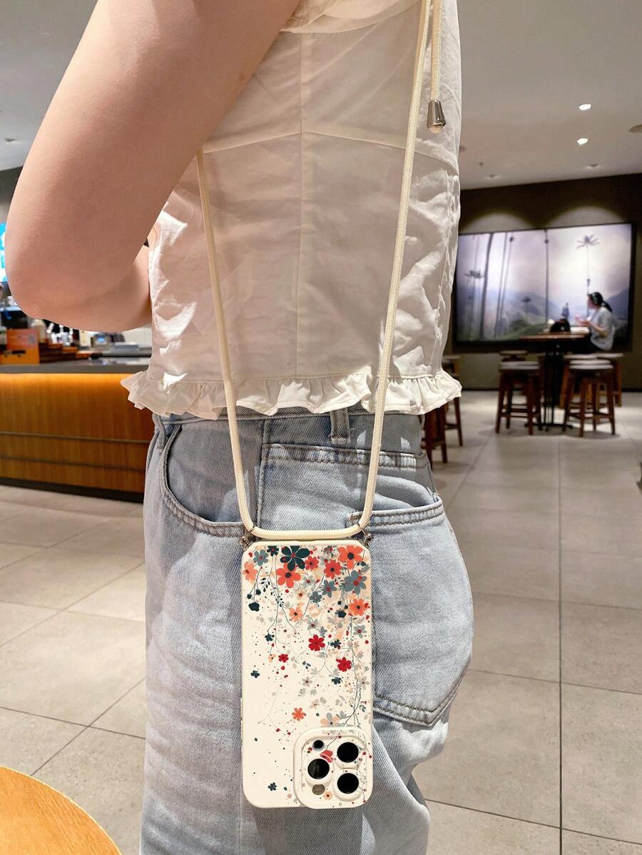 1 pièce Étui de protection pour téléphone avec motif floral et lanière amovible, compatible avec Apple, /Galaxy, Infinix, Redmi, OPPO, VIVO, Realme
