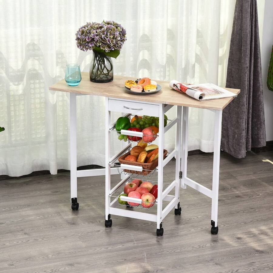 HOMCOM HOMCOM Drop-Leaf Kitchen Cart Trolley W/ 3 Baskets Drawer Surface Top 6 Universal Wheels Rolling Storage Unit Kitchen Home Dining Island White Oak Tone