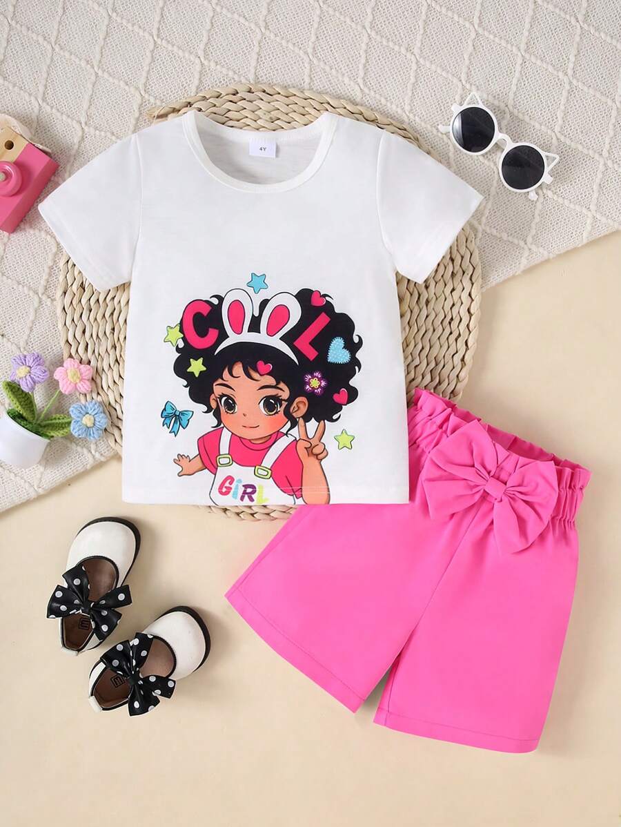 Set de 2 piezas para niñas que incluye camiseta de manga corta con cuello redondo y estampado de dibujos animados en la espalda, y shorts casuales de unicolor cómodos, ideal para verano