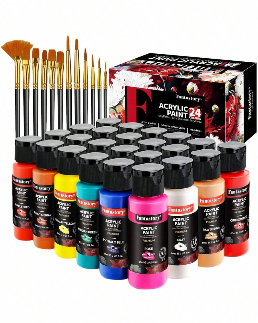 Fantastory Fantastory Set de Pintura Acrílica 24 x 60 ml, 12 Pinceles, Excelente Cobertura, Alta Solidez a la Luz, Pintura Acrílica Impermeable, para Lienzo, Madera, Cerámica, Maquetas, Artistas, Profesionales, Principiantes