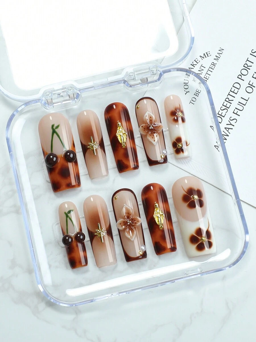10pcs Handmade Long Square Press On Nails 3D Cherry, Art Flower, Pointed Star Fake Nails Vintage French Tip Nails Style For Women And Girls