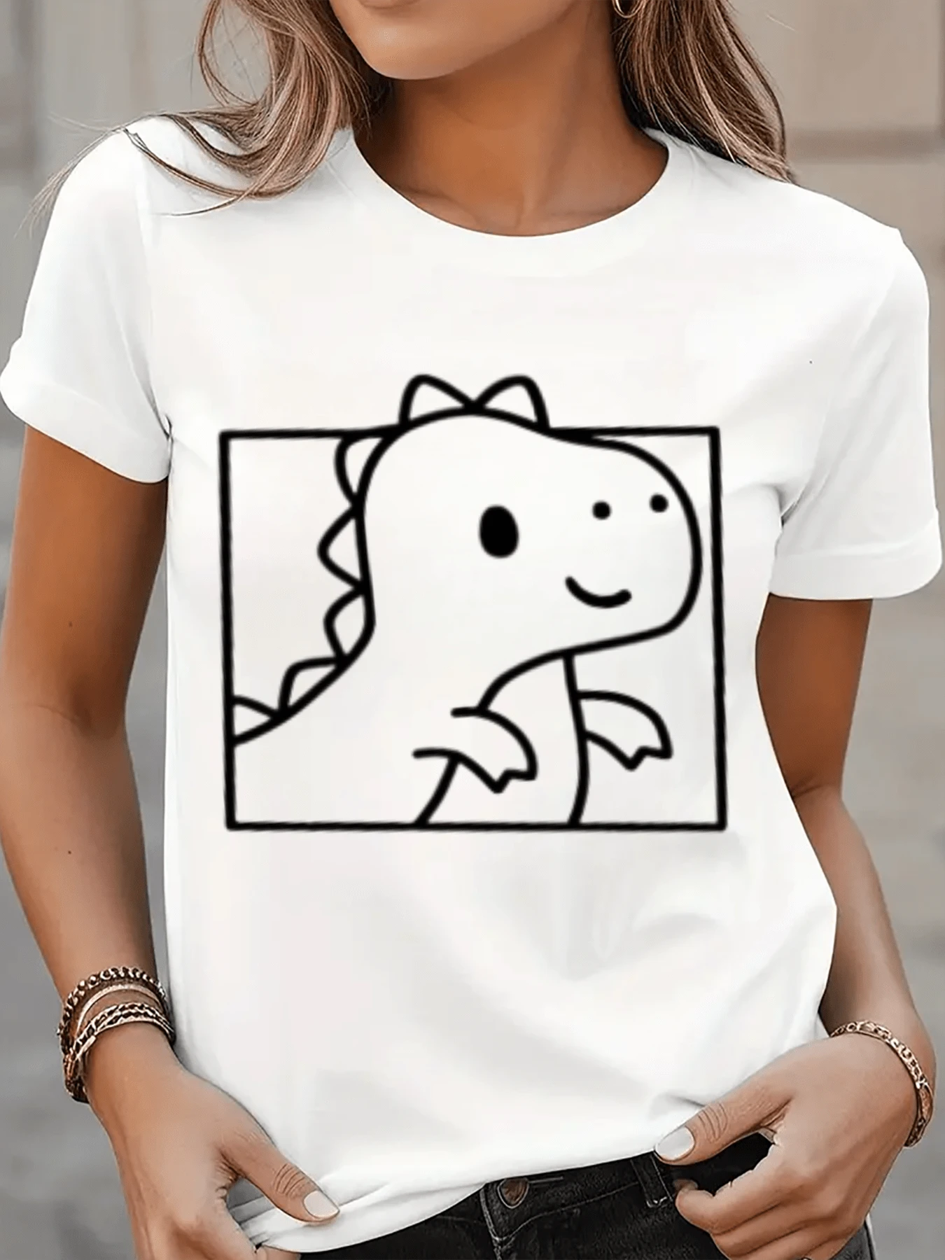 Women's 1Pcs T-Shirt 220g Pure Heavy Cotton With Picture Print Of Playful Dinosaur And Geometric Frame