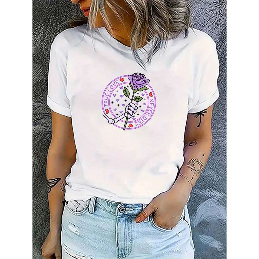 Funny T-Shirt Purple Rose Simple Pattern Round Neck T-Shirt, Casual Short Sleeved T-Shirt, Women's Clothing Oversized T-Shirt Graphic T-Shirts Women Casual Short-Sleeved Top