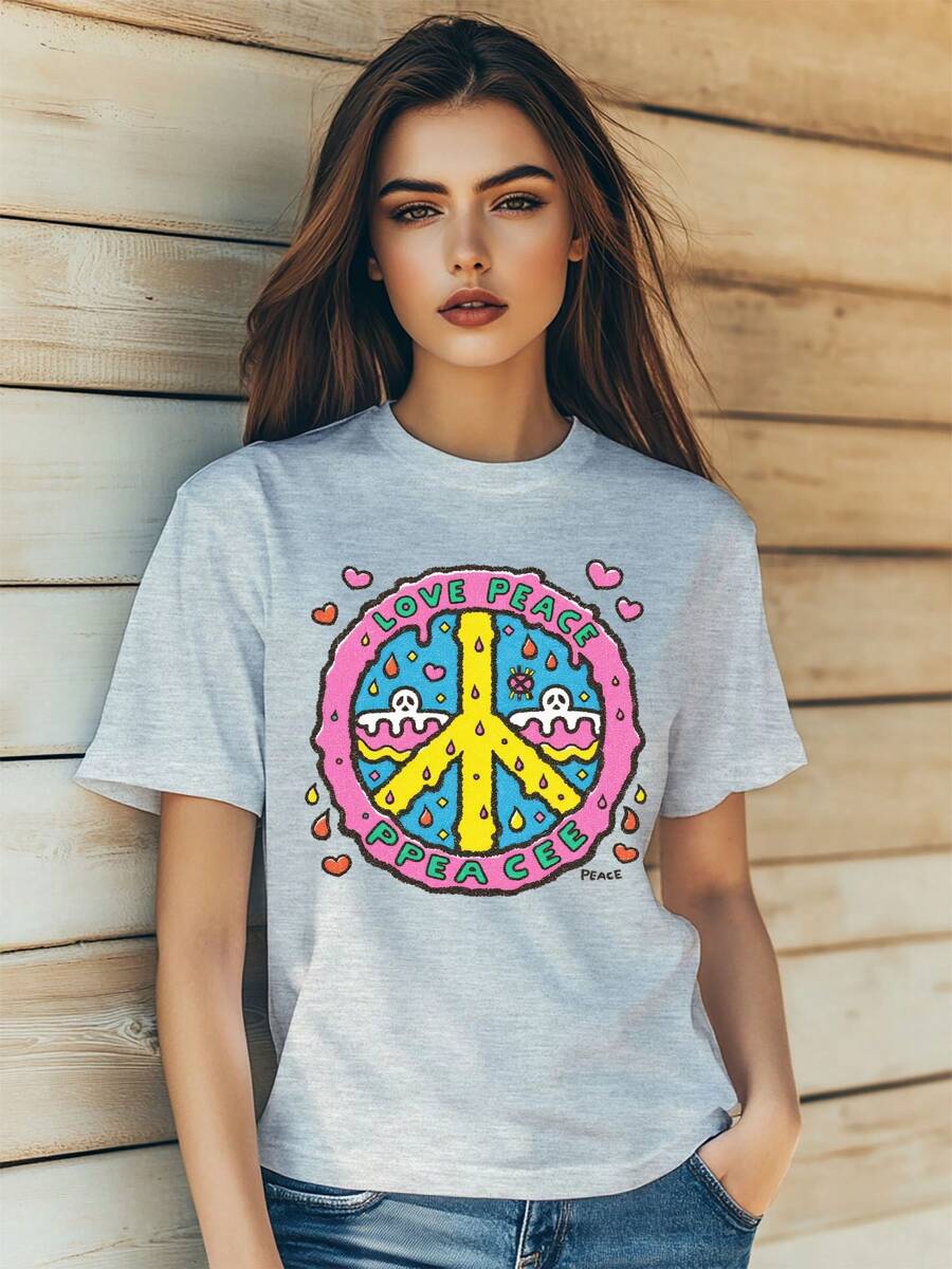 Women's Love Peace Sign Graphic Letter Print T-Shirt Fashion Short Sleeve Round-Neck Slm Fit Tops Summer Casual Streetwear