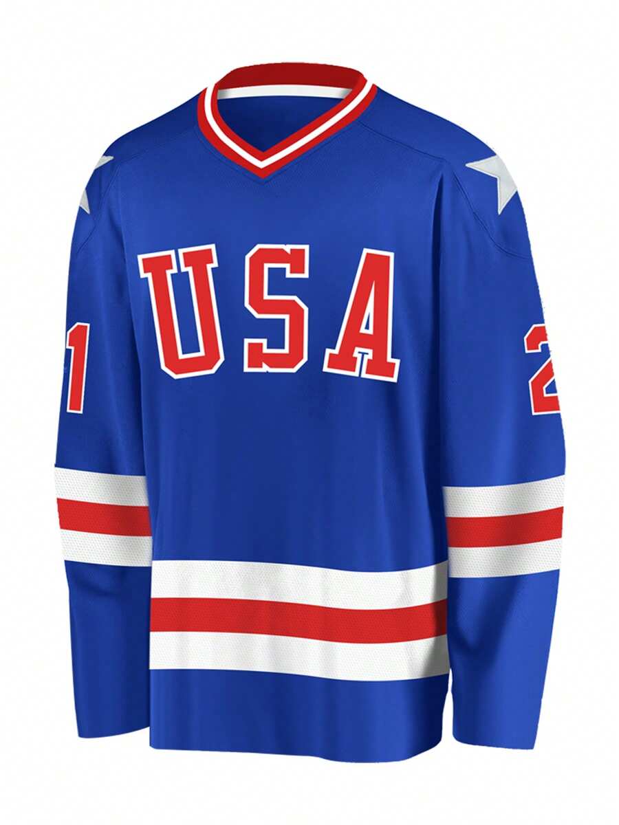 Men's Embroidered Ice Hockey Jersey 21 Blue Casual V-Neck Long Sleeves T-Shirts Party Sports Top