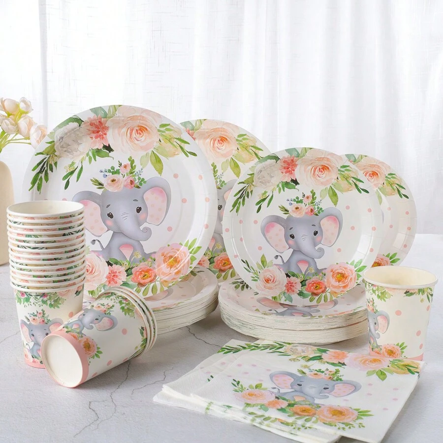 Juego de vajilla desechable con flores rojas y elefantes, platos de 7/9 pulgadas, servilletas, vasos, regalos y suministros para fiestas de cumpleaños, platos de papel desechables, servilletas, vasos, apropiado para decoraciones de fiestas con temática de cumpleaños
