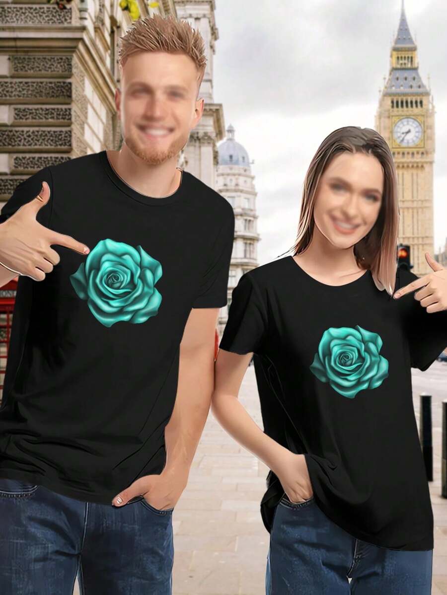 Lovers' Turquoise Rose Art Print T-Shirt For Women - Couple Tees Romantic Shirts Matching Tops