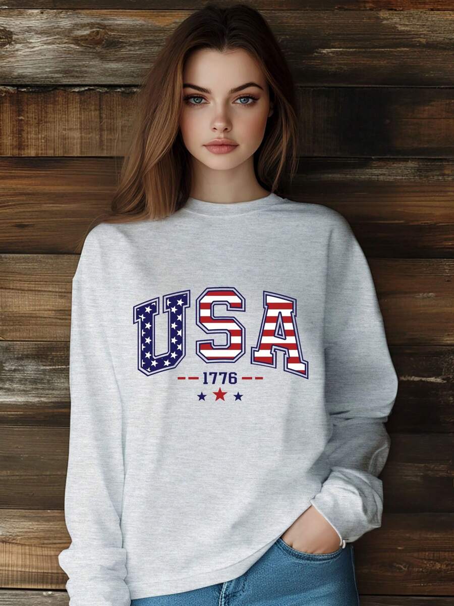 Women American Flag Star Letter T-Shirt Fashion Print Long Sleeve Round-Neck Loose Fit Tops Streetwear
