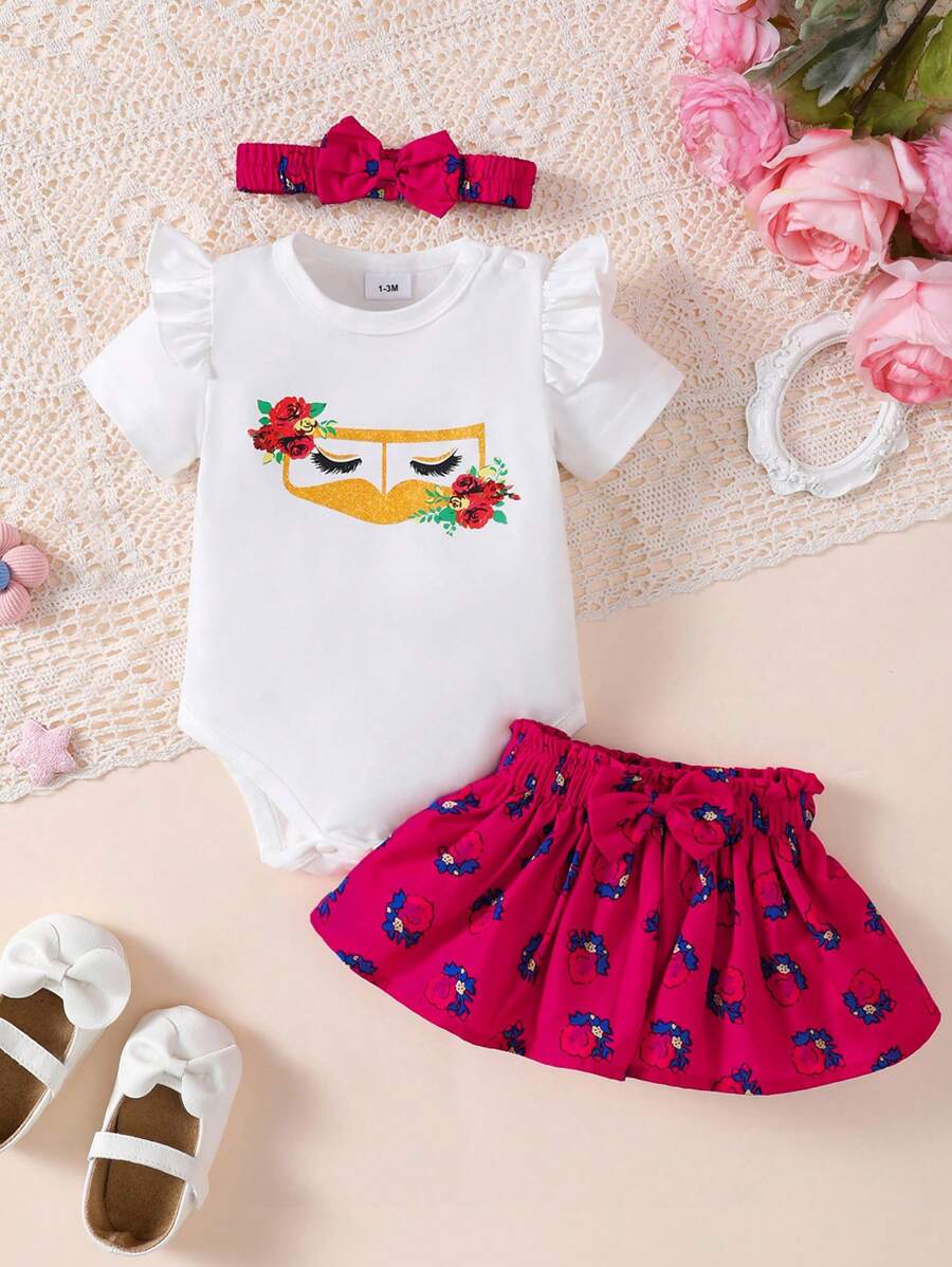 H HIBOBI 3pcs/Set Baby Girls Spring/Summer Short Sleeve Eid Mubarak Printed Romper, Skirt And Headband Set