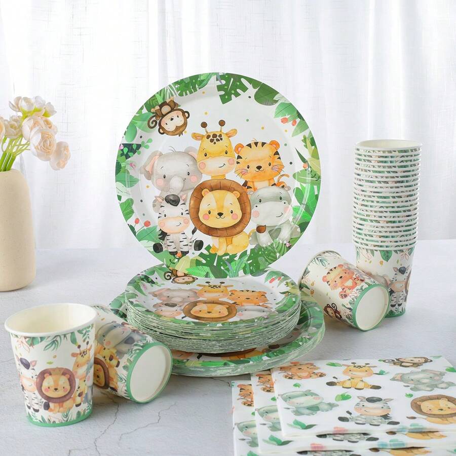 Green Rim Animal Print 7/9 Inch Disposable Dinnerware Set, Paper Plates Napkins Cups, Birthday Party Supplies Decorations, Disposable Paper Plates Napkins Cups Suitable For Party Decorations