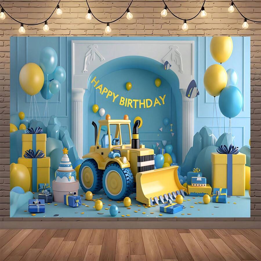 Bannière de toile de fond pour fête d'anniversaire sur le thème de la construction - Polyester décorations d'excavatrice et de bulldozer en arrière-plan, convient pour toutes les occasions et saisons - Photographie d'intérieur/extérieur multifonctionnelle - 1 pièce, nappe, rideau