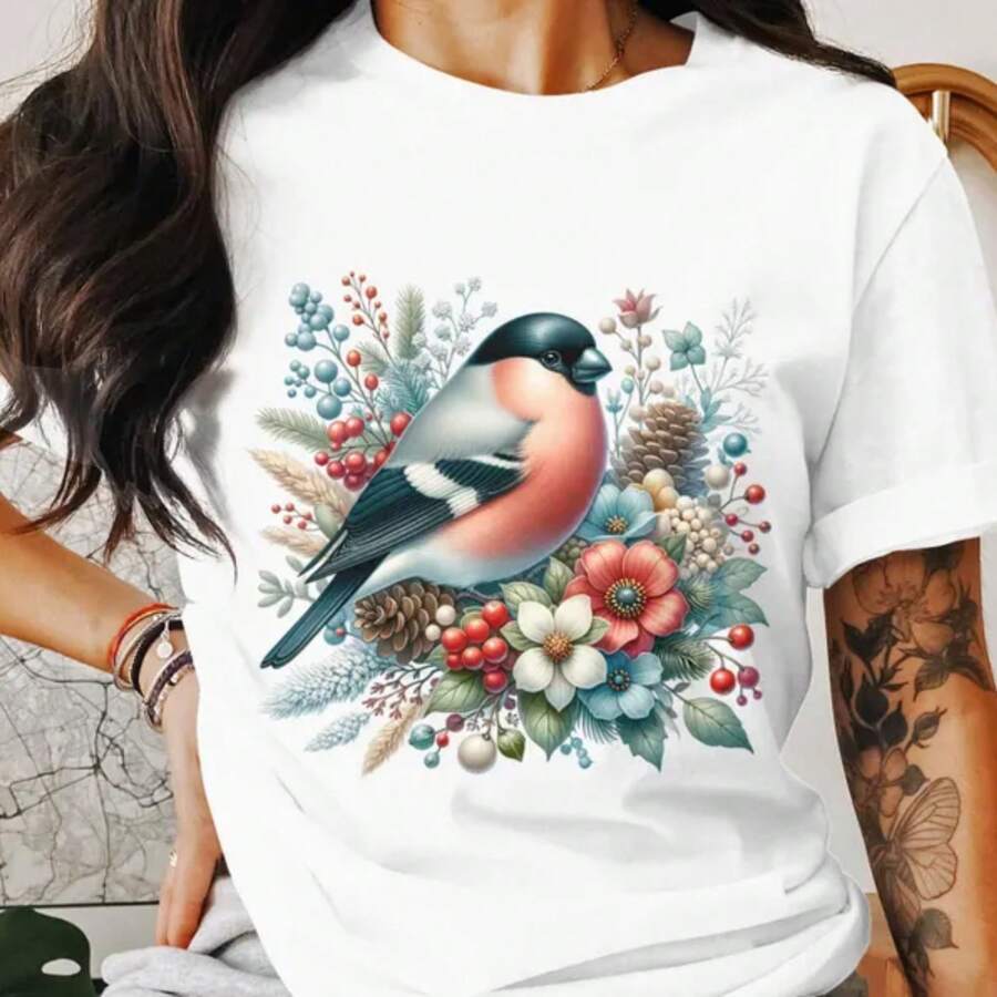 Eurasian Bullfinch Winter Floral Bird Lovers TShirt Bird Watching Cute Birds Graphic Tee Birdwatching Gift Nature Inspired Design