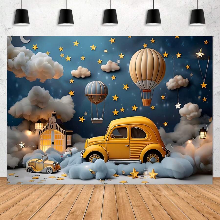 1pc Dream Sky And Balloons Birthday Party Background Banner, Polyester Material, Multi-Size, Cloud And Star Themed Photography Background, Yellow Vehicle And Hot Air Balloon, Multi-Functional Decoration For Birthdays, Baths, Cake Table, Photo Studio, No Electricity Required
