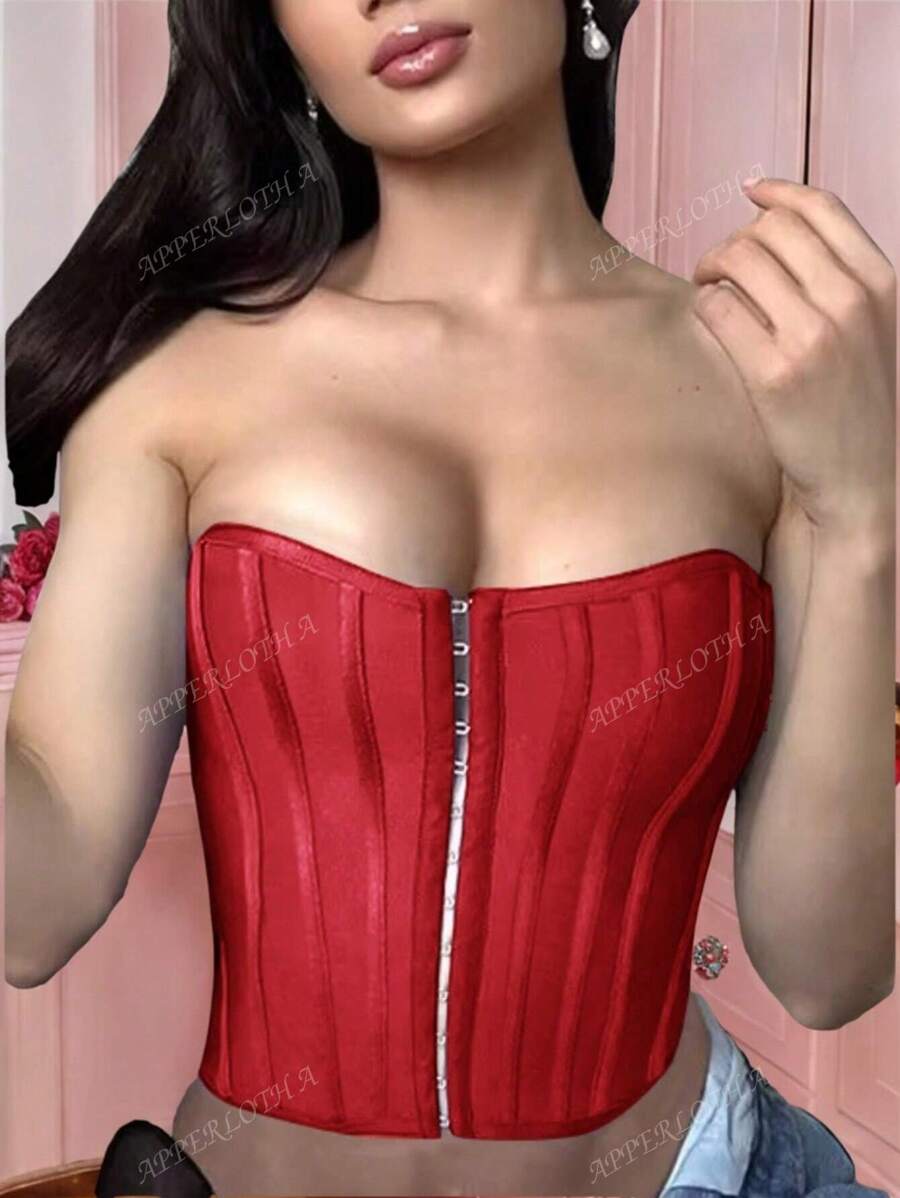 Apperloth A Vintage Overbust Boned Corset Bustier Grommet Eyelet Front Lace Up Back Backless Bodyshaper Crop Tube Top Valentines Clothes Sexy Music Festival