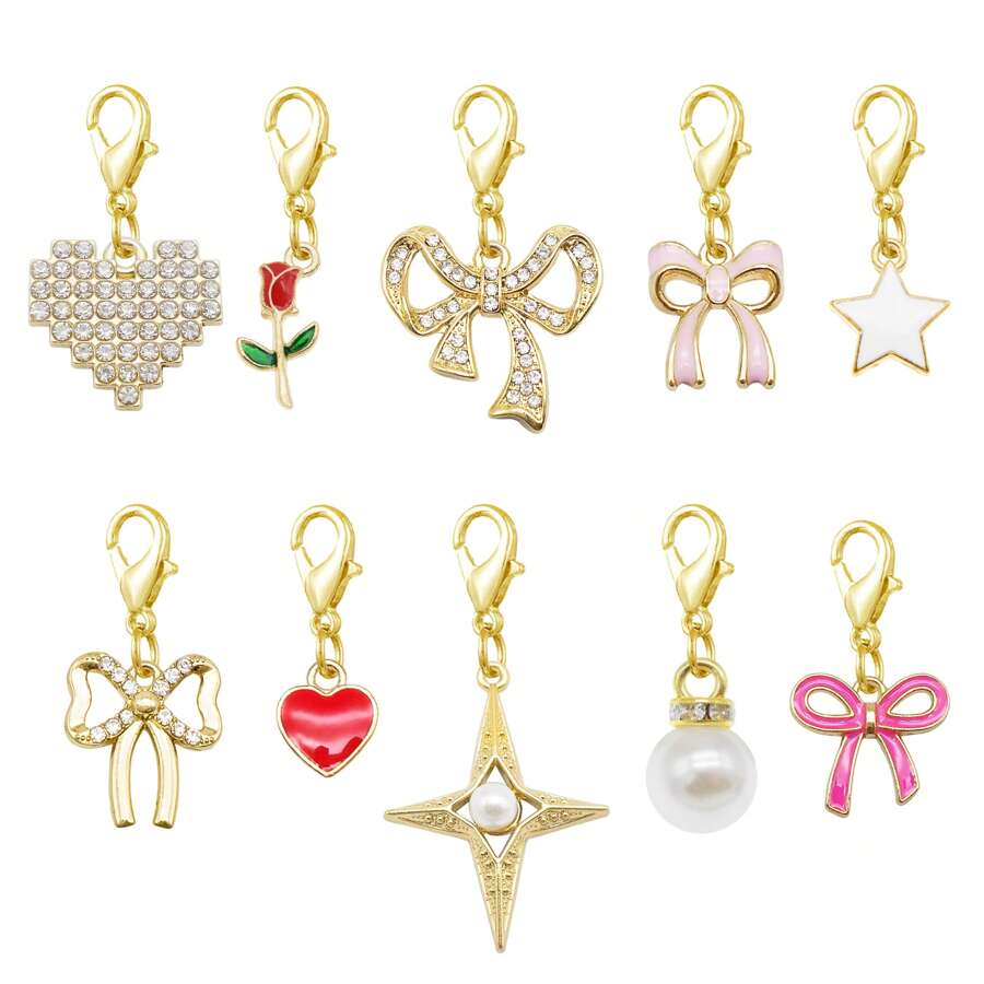 2-10PCS Clip On Charms Heart Rhinestone Bow Rose Pearl Pendant For Jewelry Necklace Bracelet Making DIY Shoe Lace Decoration