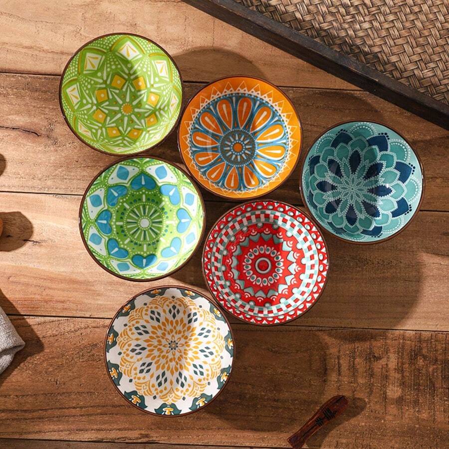 6pcs 4.72-Inch Glazed Ceramic Bowl Set, Bohemian Style Ceramic Bowls, Cereal Bowl, Soup Bowl, Dessert Bowl, Salad Bowl, Rice Bowl, Dishwasher/Oven/Microwave Friendly, Multi-Functional Kitchen & Dining Ware,School Supplies