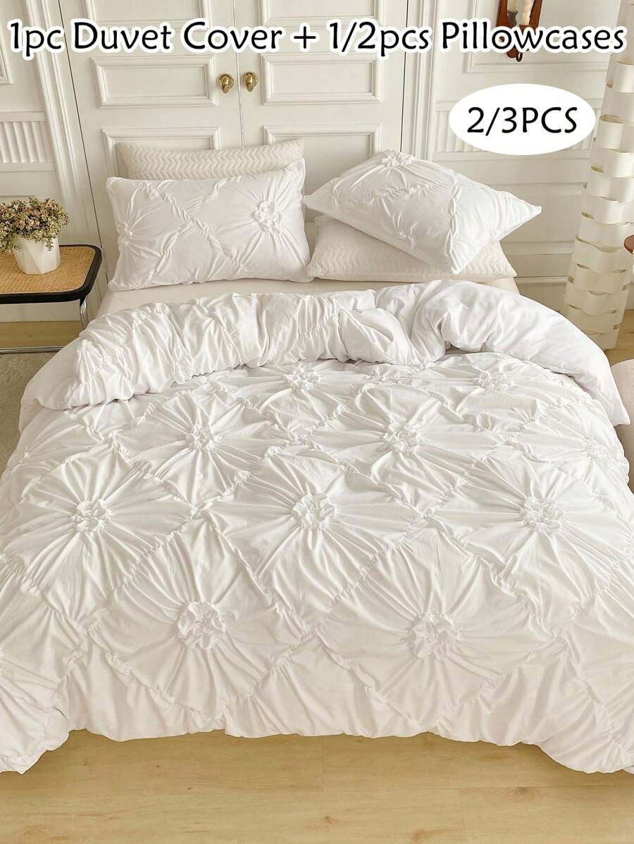 2/3 pièces Ensemble de housse de couette à motif floral plissé blanc en polyester, style minimaliste moderne. Ensemble de housse de couette et taie d'oreiller convenant à toutes les saisons (1 housse de couette + 1/2 taies d'oreiller)
