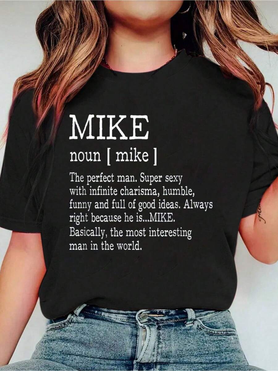 Adult Definition - First Name Mike Men T-Shirt Funny Print Crew Neck Casual T-Shirt Short Sleeve Sports Top, Smart Casual/Street Style Women's Clothing