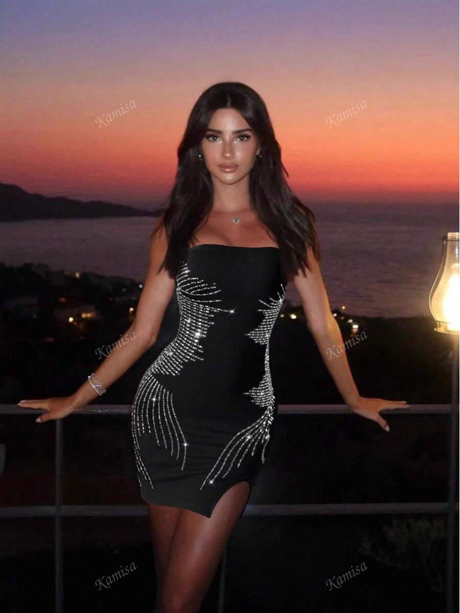 Vestido de Festa Mini Elegante e Justo com Aplicação de Strass, Vestido Preto Curto Sexy, Roupa de Festival, Vestido de Coquetel para Convidada de Casamento