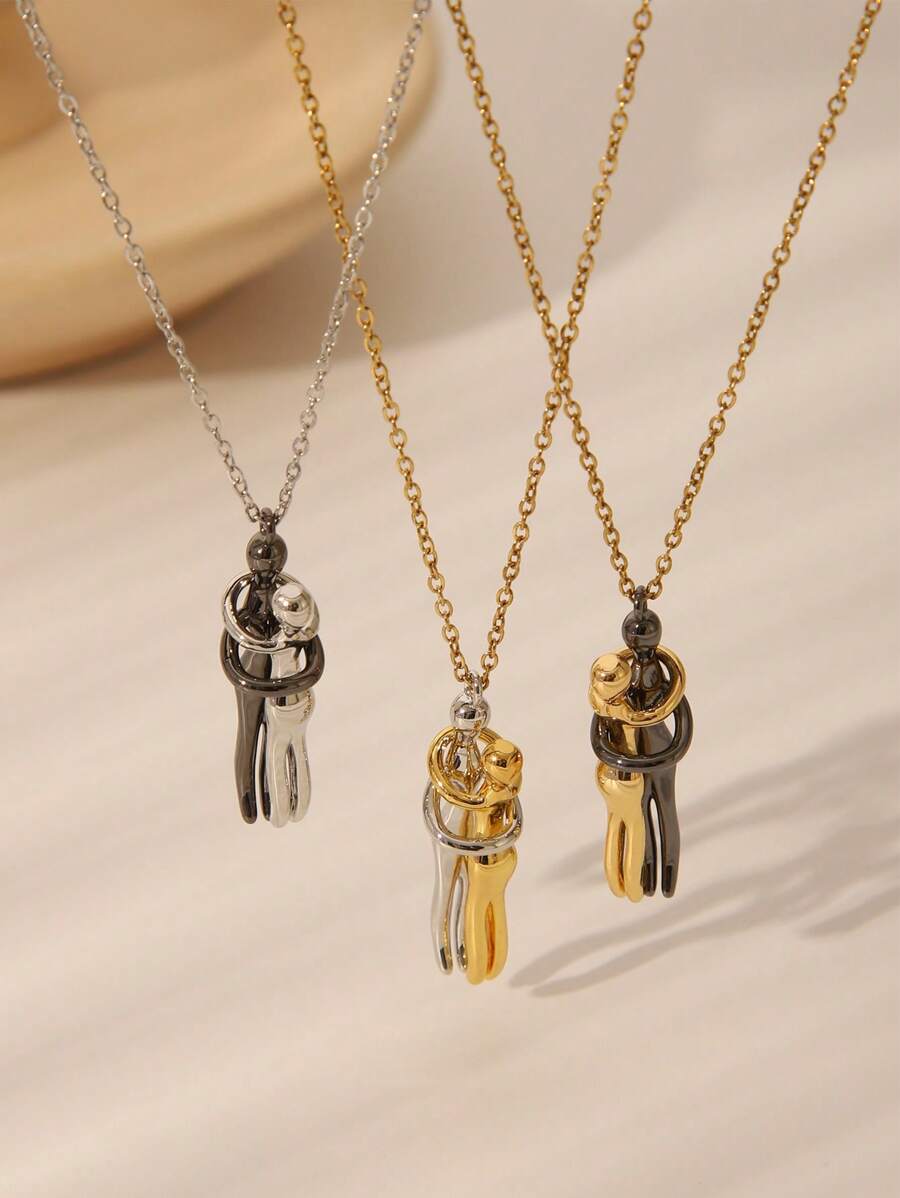 1pc European And American Fashionable Stainless Steel 18k Couple Hugging Bicolor Pendant Necklace, Unisex Couples' Collar Necklace, Suitable For Daily Wear, Festivals, Dates, Valentine's Day As Accessory Or Gift, Mom, Mother, Mother's Day, Gift